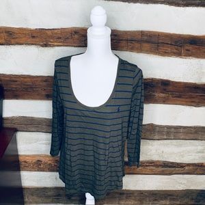 Ralph Lauren Navy Blue & Green striped Scoop Neck top, 3/4 sleeves, Cotton, LG